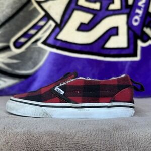 Size 10c - VANS Shoes‎ Kids Classic Slip-on Red/Black Plaid Sherpa Sneakers